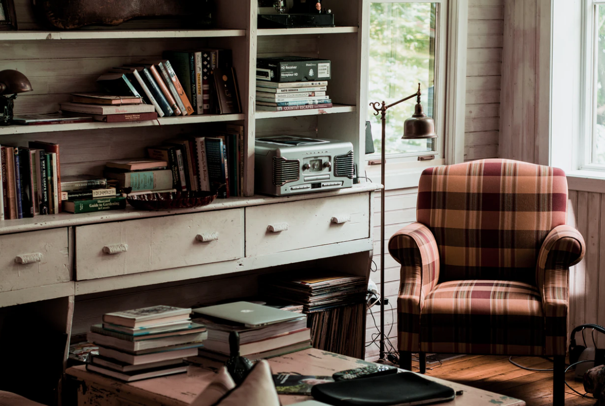 student-friendly place, study, cozy chair and bookshelves